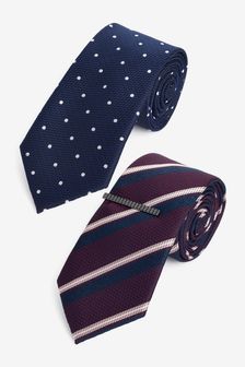 Pink Stripe/Blue Spot Regular Textured Ties 2 Pack With Tie Clip (T30108) | €23.50