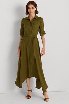 Lauren Ralph Lauren Khaki Green Pleated Reynna Midi Shirt Dress (T30487) | 180 €