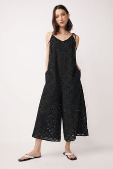 Black Broidery Wide Leg Strappy Jumpsuit (T30533) | ￥7,860