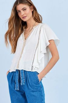 White Lace Trim Flutter Sleeve Top (T30582) | SGD 40