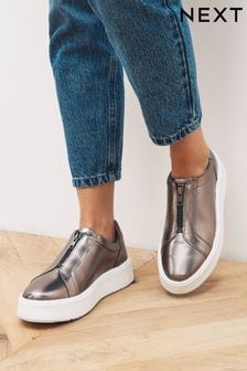 Pewter Silver Signature Forever Comfort® Leather Chunky Zip Trainers (T30766) | ₪ 180
