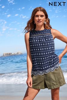 Navy/White Sleeveless Broderie 100% Cotton Shell Top (T30833) | €7