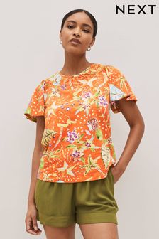 Оранжевый с тропическим принтом - Ruched Shoulder Round Neck Short Sleeve T-shirt (T30837) | €10