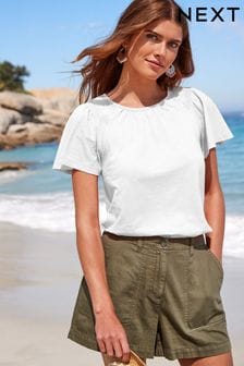 White Ruched Shoulder Round Neck Short Sleeve T-Shirt (T30846) | AED64