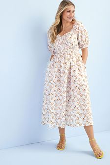Pink Floral Print Maternity/Nursing Puff Sleeve Midi Summer Dress (T30863) | 14,950 Ft