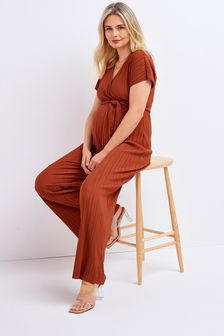 Rust Orange Maternity Short Sleeve Plissé Jumpsuit (T30864) | $76