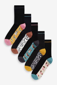 Black Footbed Dog Pattern Ankle Socks 5 Pack (T31334) | €15.50