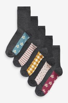Charcoal Grey Daisy Stripe Pattern Footbed Ankle Socks 5 Pack (T31335) | €15.50