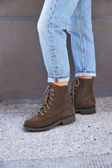 Mink Brown Extra Wide Fit Leather Chunky Lace Up Boots (T31514) | 83 €