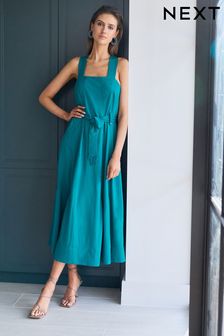 Teal Blue Square Neck Sleeveless Midi Dress With Tie Waist (T31911) | 64 €