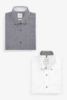 Темно-синий в белую клетку - Рубашка зауженного кроя с коротким рукавом - Набор рубашек с коротким рукавом (2 шт.) (T33139) | 19 940 тг