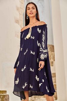 Iconique Navy Lesly Bardot Floral Rope Detail Dress (T33143) | ₪ 442