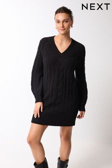 Black Cable V-Neck Knit Dress (T33488) | AED60