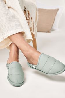 Khaki Green Linen Mule Slippers (T33826) | €19