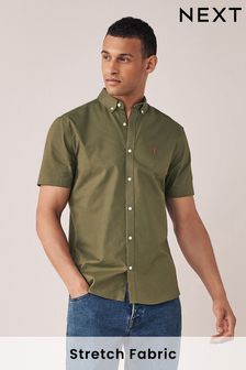 Khaki Green Short Sleeve Stretch Oxford Shirt (T33959) | 11,310 Ft