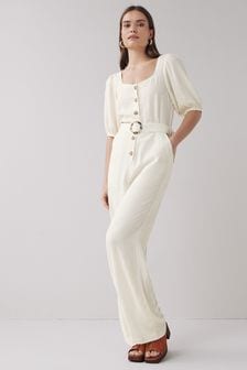 Ecru White Linen Blend Square Neck Jumpsuit (T34061) | €37