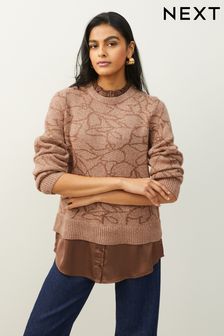 Neutral Jacquard Pie Collar Layer Jumper (T34508) | AED146