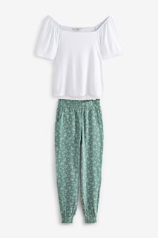 White/Blue Floral Frill Sleeve Pyjamas (T35418) | 164 QAR