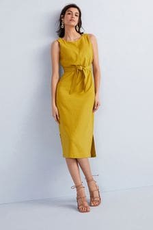 Okrově žlutá - Elegantní midi šaty z lněné směsi (T35759) | 975 Kč