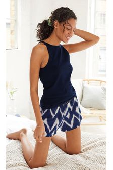 Navy Blue Ikat - Cotton Vest Pyjama Short Set (T35833) | €20