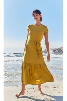 צהוב - שמלת חולצת טי אוברסייז ריב באורך מידי (T36025) | ‏102 ₪