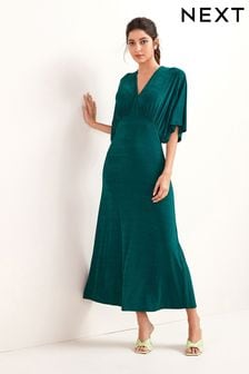 Dark Green Volume Sleeve Midi Dress (T36170) | R677
