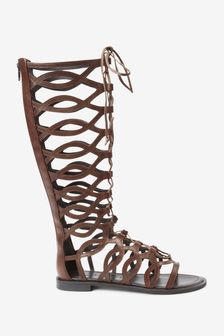 Tan Brown Forever Comfort® Knee High Caged Gladiator Sandals (T36996) | $87
