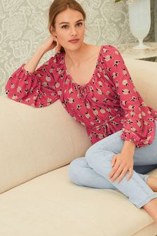 Celia Birtwell roz cu imprimeu - Bluză cu fundiță în față (T37202) | 209 LEI