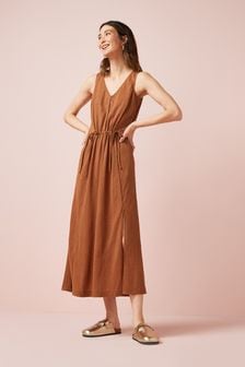 Tan Brown Sleeveless Tie Waist Midi Dress (T37475) | €13