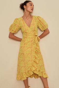 Tan Brown Floral Linen Blend Broderie Wrap Ruffle Summer Dress (T37933) | 26 €