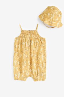 jaune ocre - Ensemble coordonné barboteuse et chapeau bébé (T38152) | €8 - €9