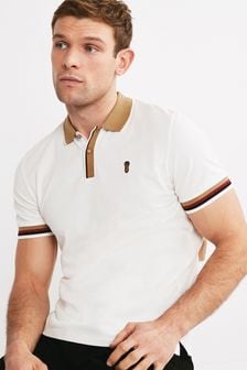 White/Tan Brown Tipped Regular Fit Pique Polo Shirt (T38286) | 8 BD