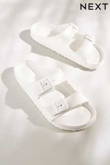 White EVA Double Strap Flat Slider Sandals with Adjustable Buckles (T38346) | 9,050 Ft