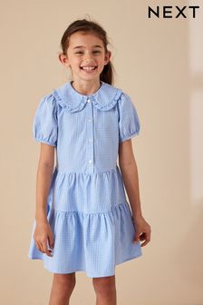فستان قطن وثير طبقات كاروه مدرسي مميز بياقة (3-14 سنة)