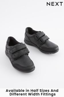 Black Wide Fit (G) School Leather Strap Touch Fasten Shoes (T41945) | $54 - $75