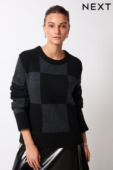 Black and Charcoal Grey Checkerboard Crew Neck Jumper (T43590) | 23 €