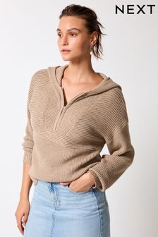 Neutral Ribbed Zip Neck Knitted Hoodie (T44323) | 175 zł