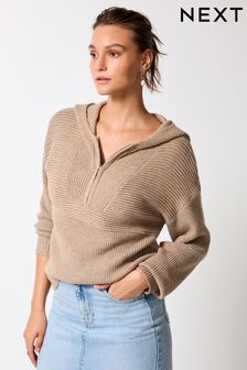 Gerippter Kapuzenstrickpullover mit RV-Kragen (T44323) | 42 €