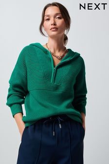 Green Ribbed Zip Neck Knitted Hoodie (T44339) | €23