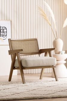 Bronx Wood Effect, Contemporary Linen Natural Abel Wooden Rattan Accent Chair (T44341) | €305