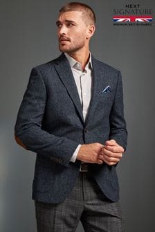 Navy Blue Signature Moons British Wool Textured Blazer With Elbow Patches (T44518) | $256