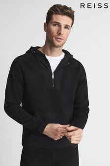 Reiss Black Bracken Half Zip Overhead Hooded Sweatshirt (T44904) | $227