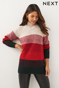 Ecru Cream with Multi Red Stripes High Neck Long Line Jumper (T45094) | TRY 1.046