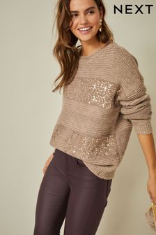 Črtast pulover z okrasnimi šivi in bleščicami (T45642) | €27