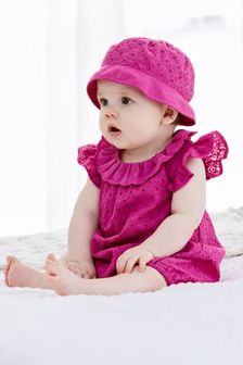 Raspberry Pink Baby 2 Piece Broidery Romper and Hat Set (0mths-2yrs) (T45697) | ₪ 66 - ₪ 73