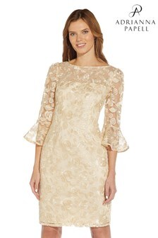 Adrianna Papell Natural Embroidered Tea Length Dress (T45906) | $280