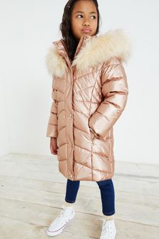  (T45959) | €66 - €78 Ružovozlatá - Vodoodolná metalická zateplená dlhá bunda s kapucňou z umelej kožušiny (3 – 16 rok.)