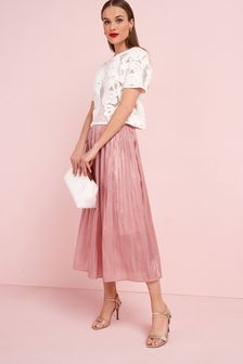 Light Pink Pleated Glossy Satin Midi Skirt (T46006) | €53