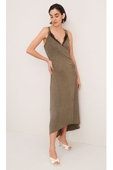Бежево-коричневый - Платье миди на бретелях с кружевной вставкой (T46031) | 1 336 грн