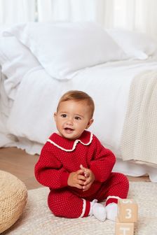 Red Two Piece Knitted Baby Collared Top And Leggings Set (0mths-2yrs) (T46191) | €20 - €22